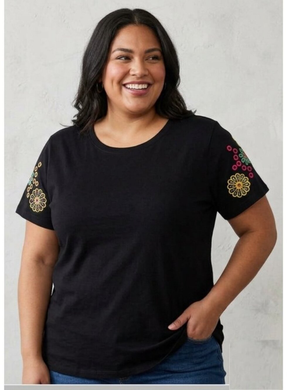 Black Short-Sleeve Tee with Colorful Embroidered Sleeves - Women's Top